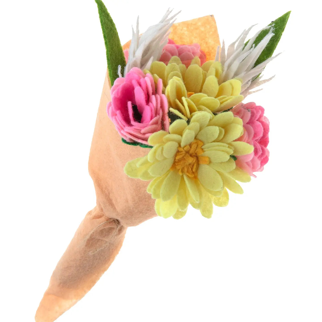 Floral bouquet with pink and yellow flowers on a white background