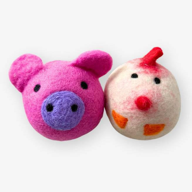 pig and chicken dryer ball on white background 
