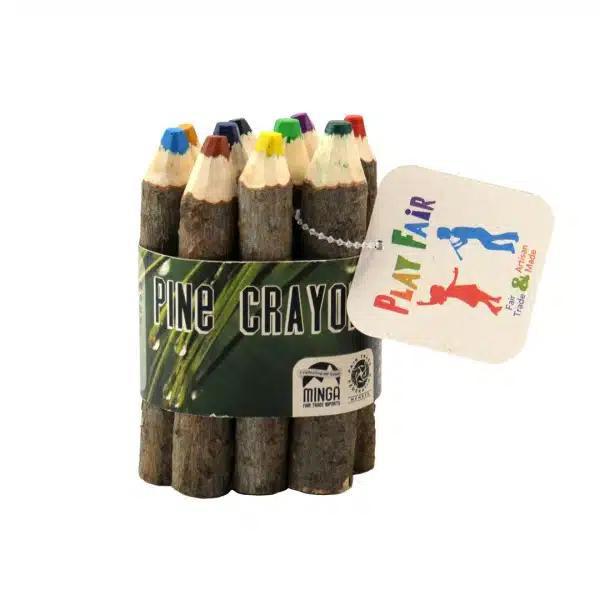 A bundle of mini pine stick crayons with various colors sharpened to point, displayed in a wrapper with a label that reads 'PINE CRAYONS'.