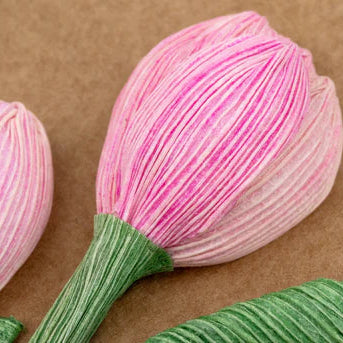 Pink tulip-shaped objects with green stems on a brown background