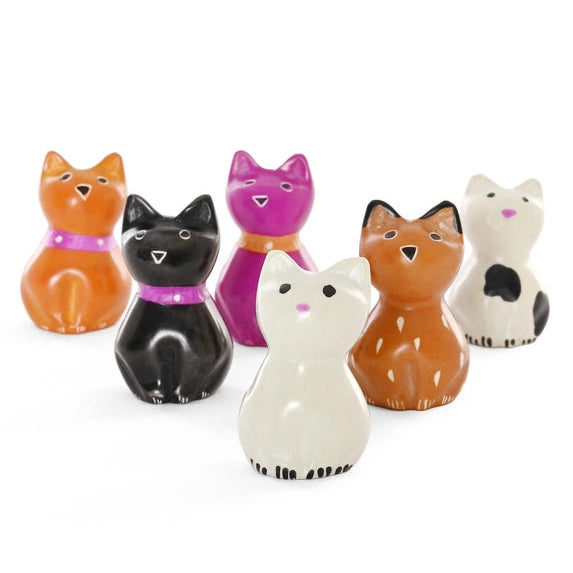 A set of six small stone cat figurines in various colors including orange, black, purple, white, and brown, arranged on a plain white background.