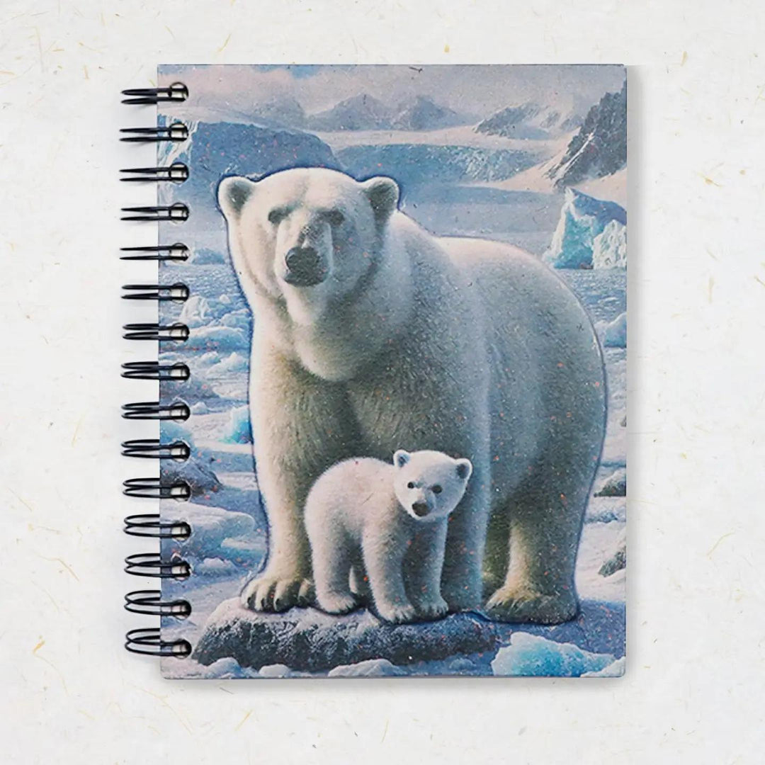 Notebook with a design of a polar bear and cub on a snowy landscape