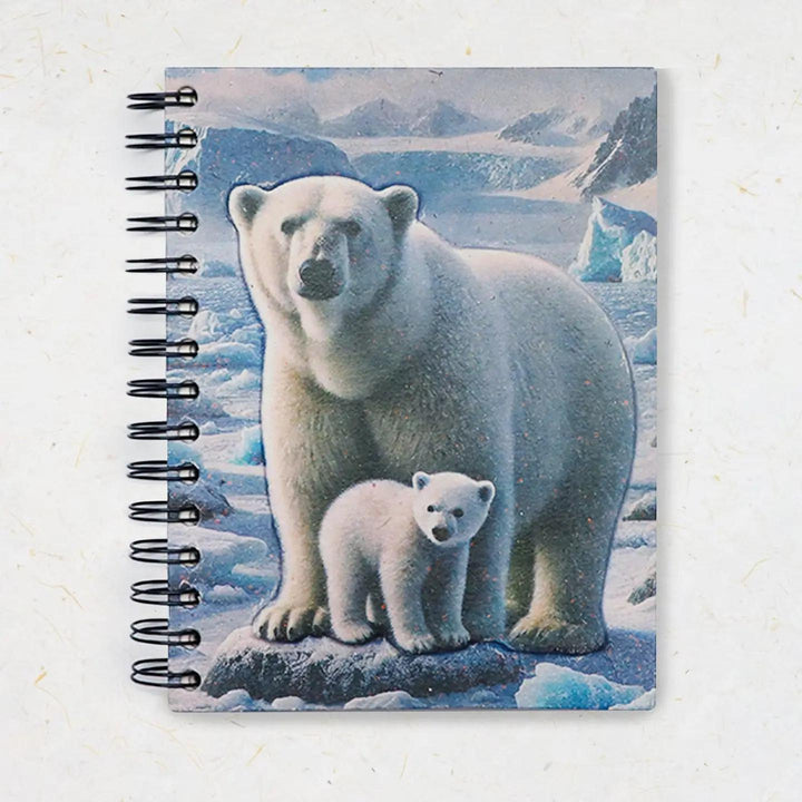 Notebook with a design of a polar bear and cub on a snowy landscape