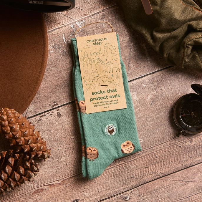 Conscious Step green crew socks with owls