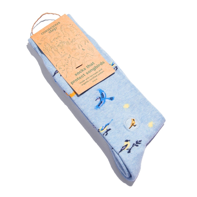 Conscious Step blue crew socks with songbirds on a white background