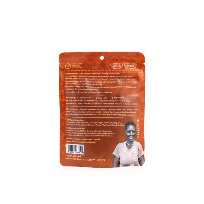 JusTea Pumpkin Spice tea package on a white background