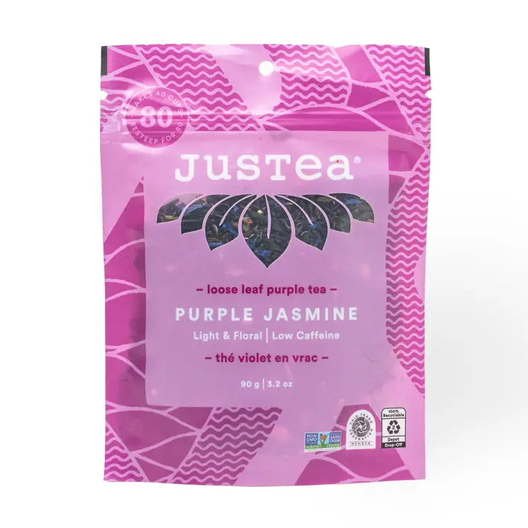 Justea purple jasmine loose leaf tea package on a white background