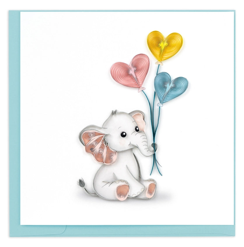 Card with a Cartoon elephant holding quilled heart-shaped balloons on a white background