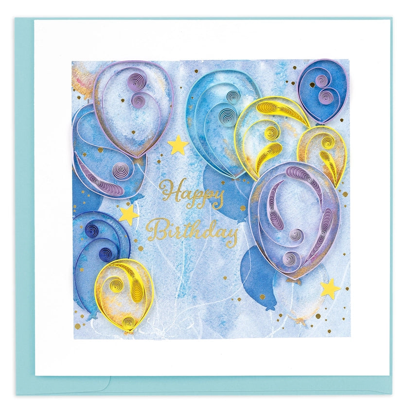 quilled Birthday card with blue and yellow balloons and 'Happy Birthday' text on a light blue border.