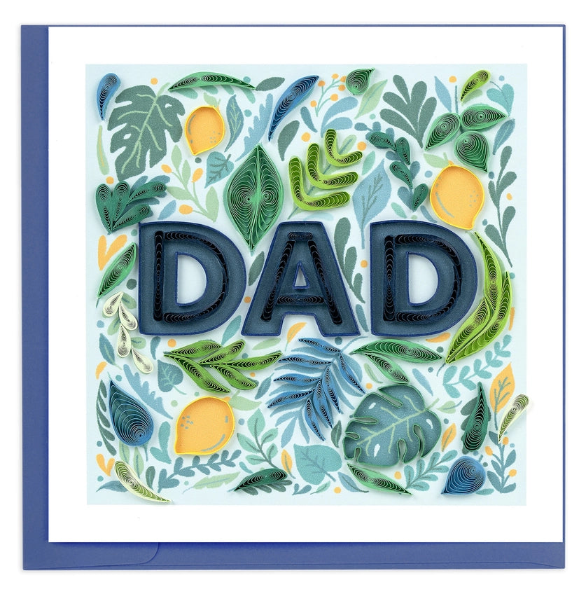 quilled Greeting card with 'DAD' text surrounded by leaves and lemons on a white background