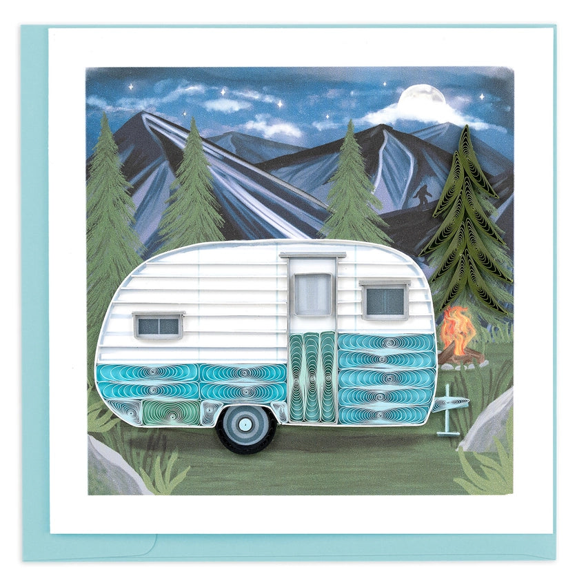 Illustration of a  quilled camper trailer in a forest with mountains in the background