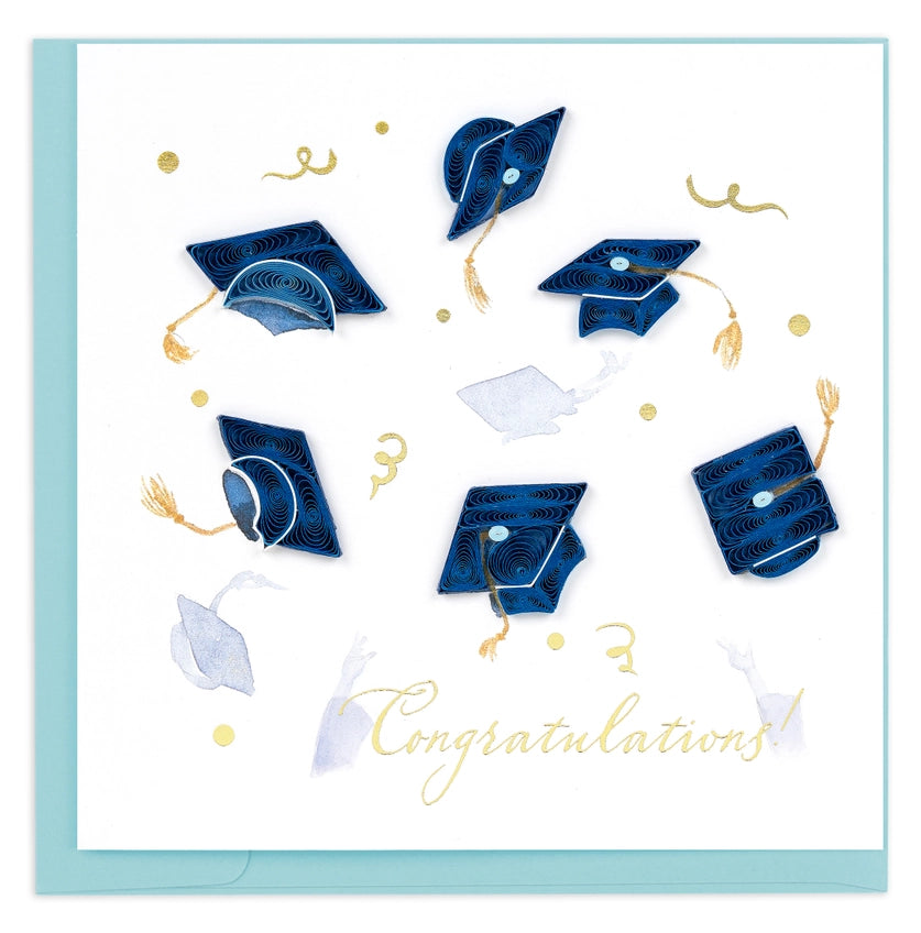 Graduation card with blue caps and 'Congratulations' text on a light blue background quilling card