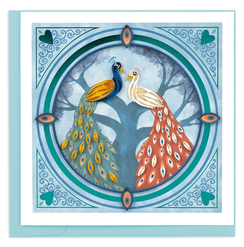 Decorative quilling  card with two peacocks and intricate border design