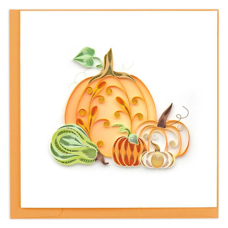 Beautiful hand crafted quilling card of pumpkins of all different shapes and colors. 