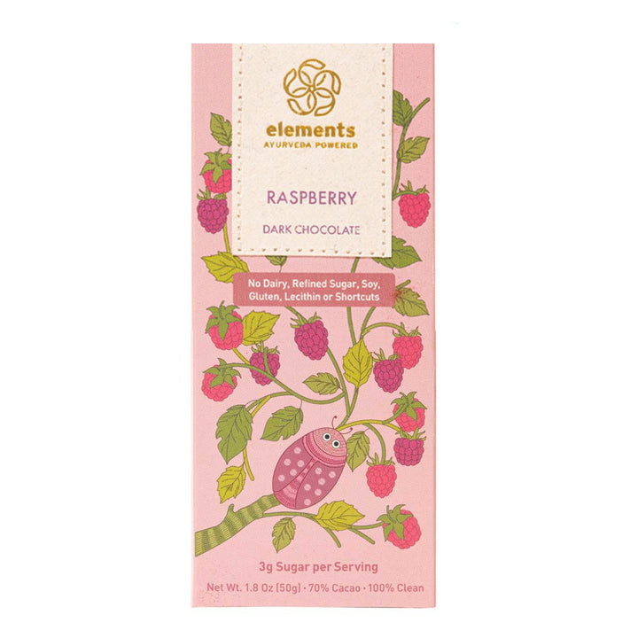 Pink packaging of raspberry dark chocolate with illustrations on a white background