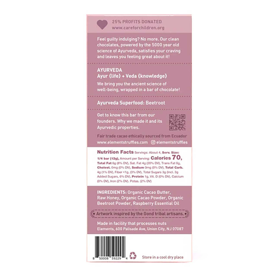 Back of a chocolate bar packaging with Ayurveda Superfood Beetroot information and nutrition facts.