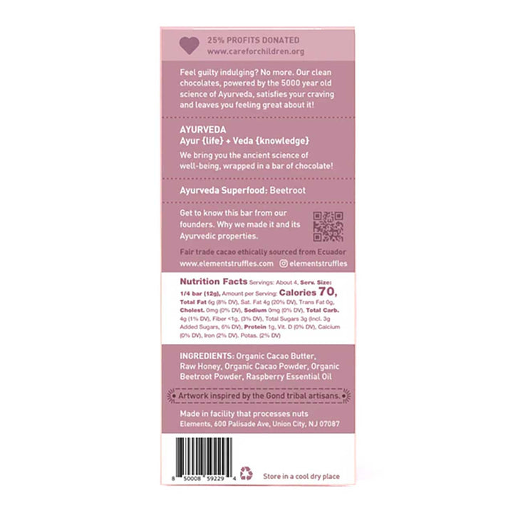 Back of a chocolate bar packaging with Ayurveda Superfood Beetroot information and nutrition facts.