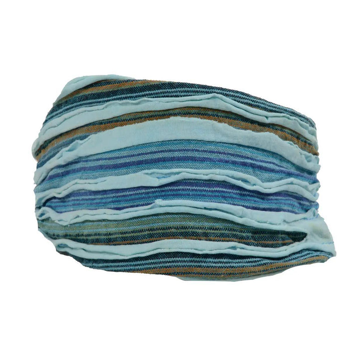 A light blue colored headband with stripes of dark blue and brown.