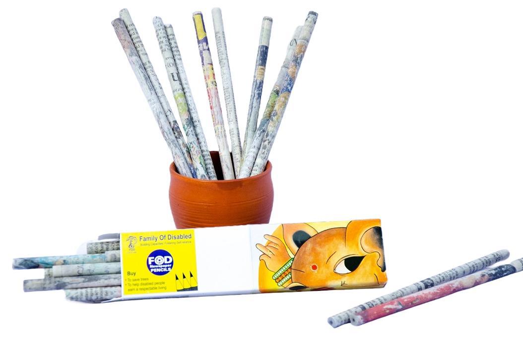 Hand made recycled newspaper pencils.