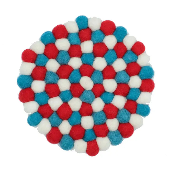 Round coaster with red, white, and blue pattern on a white background
