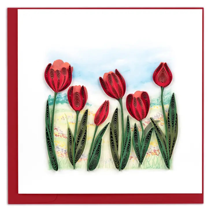 Red tulip field on a quilling card