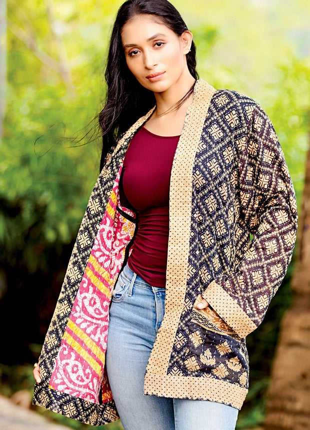 Reversible Black Kantha Quilted Sari Jacket