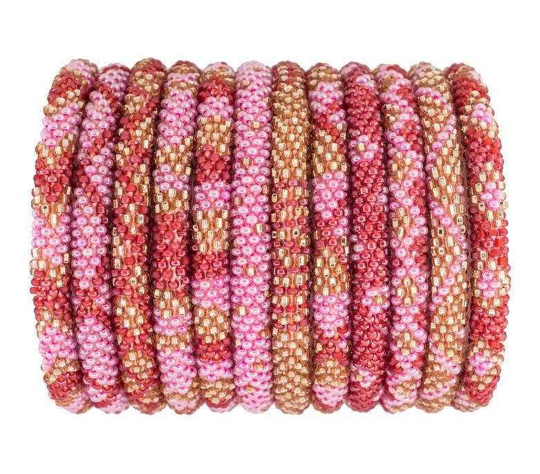 A multicolored bracelet with a geometric pattern, featuring hibiscus shades of pink and brown, and red.