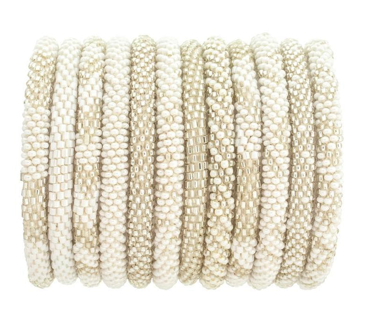Beaded roll-on bracelets with glass beads. Pearl and white colored.