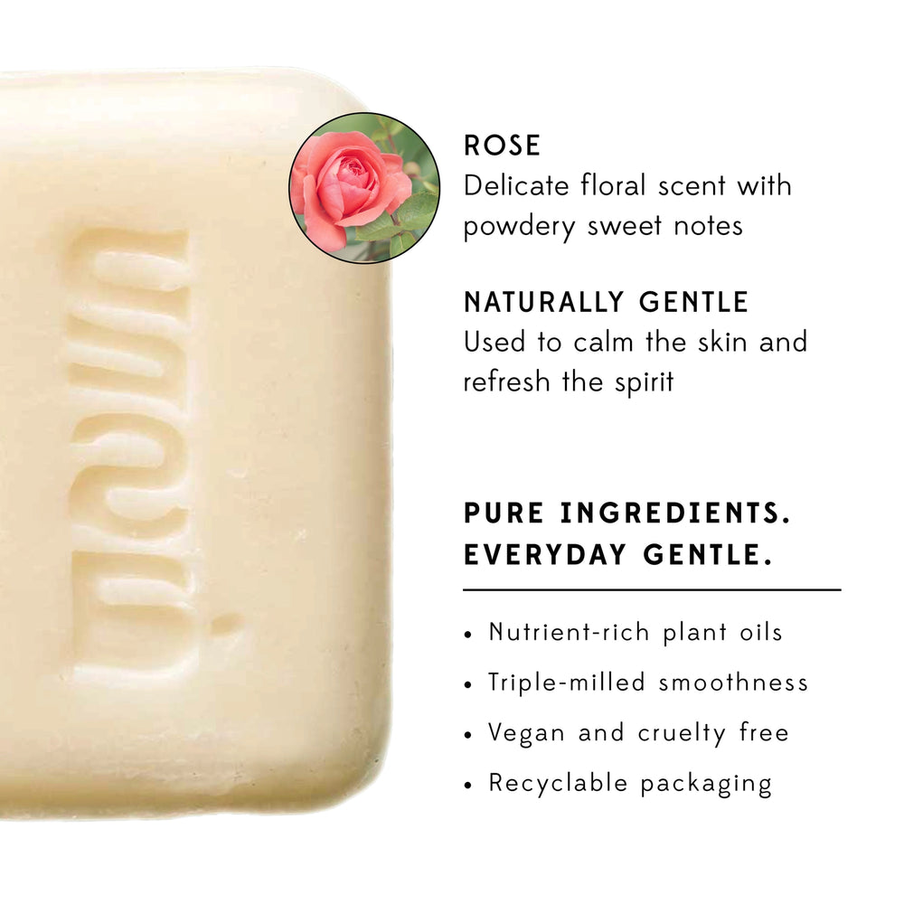 Rose scented bar of soap with description of soap.