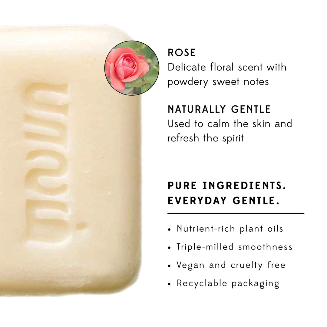 Rose scented bar of soap with description of soap.