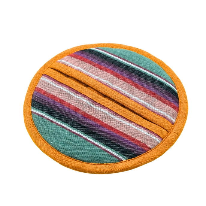 Round fabric potholder with striped pattern on a white background