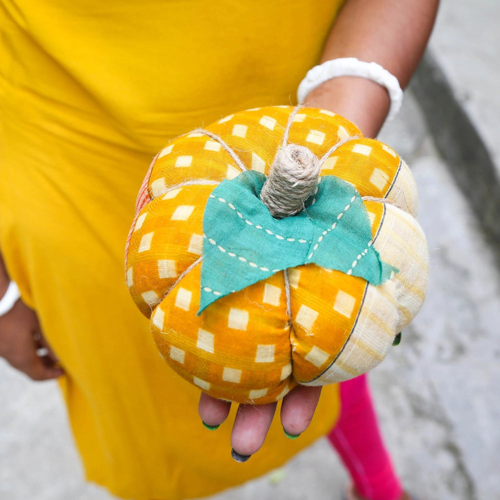 yellow sari pumpkin being held by woman in a yellow dress
