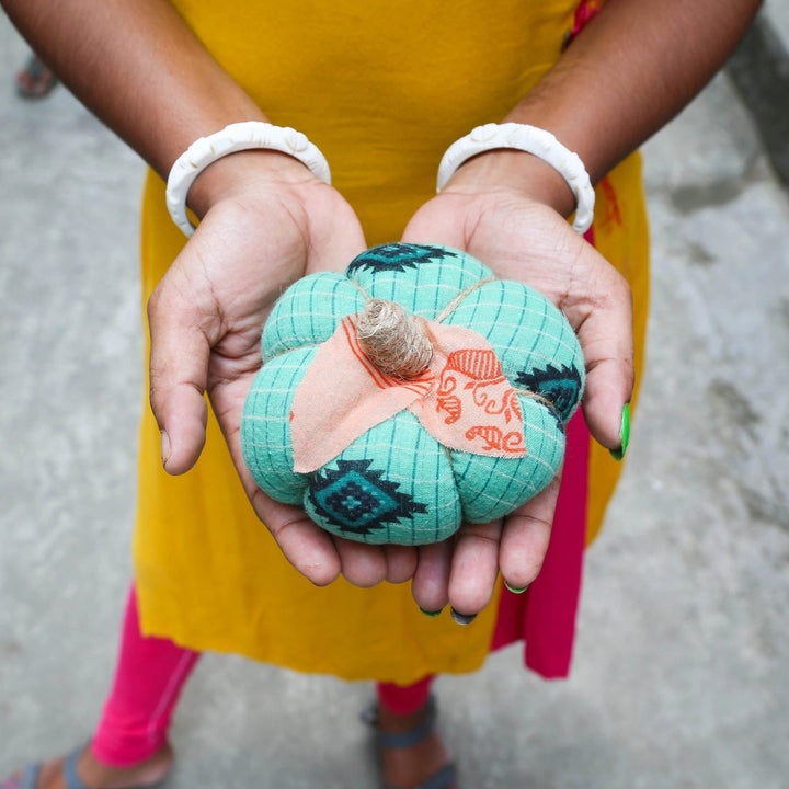 turquouise sari pumpkin being held by a woman in a yellow dress