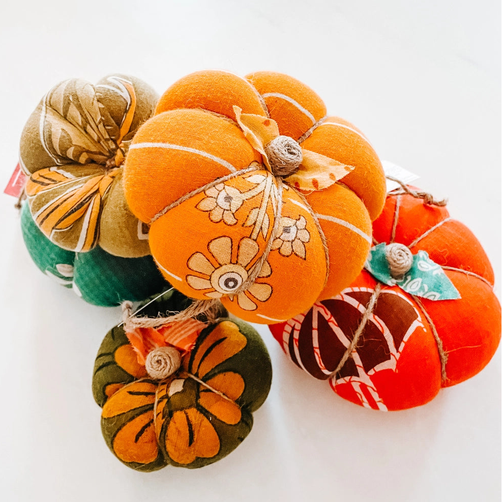 orange sari pumpkins in a pile on a white background