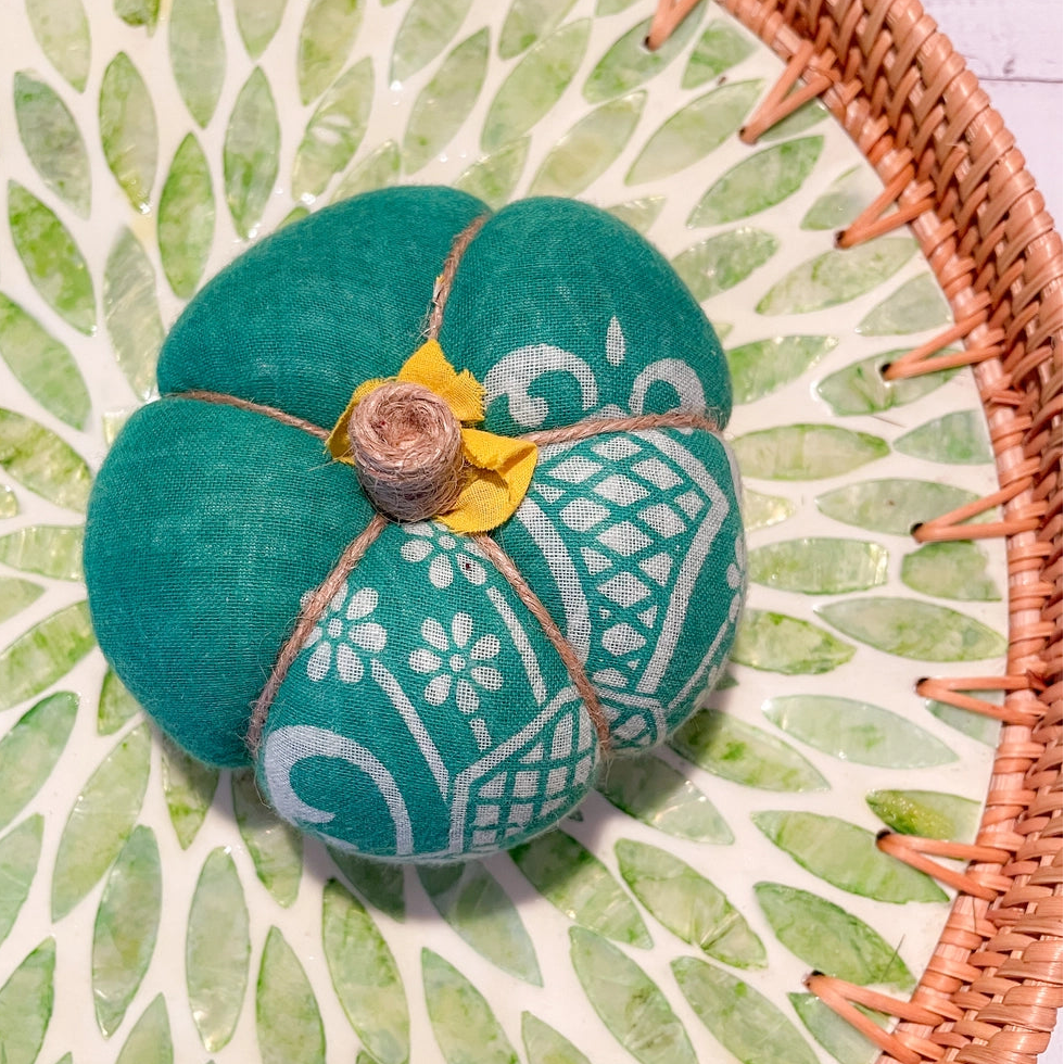 teal sari pumpkin on a green patterned background