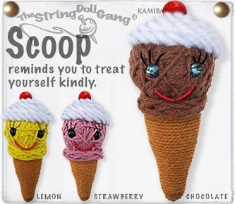 Handmade string doll keychain with knitted ice cream cones with faces on a white background, featuring text about self-care.