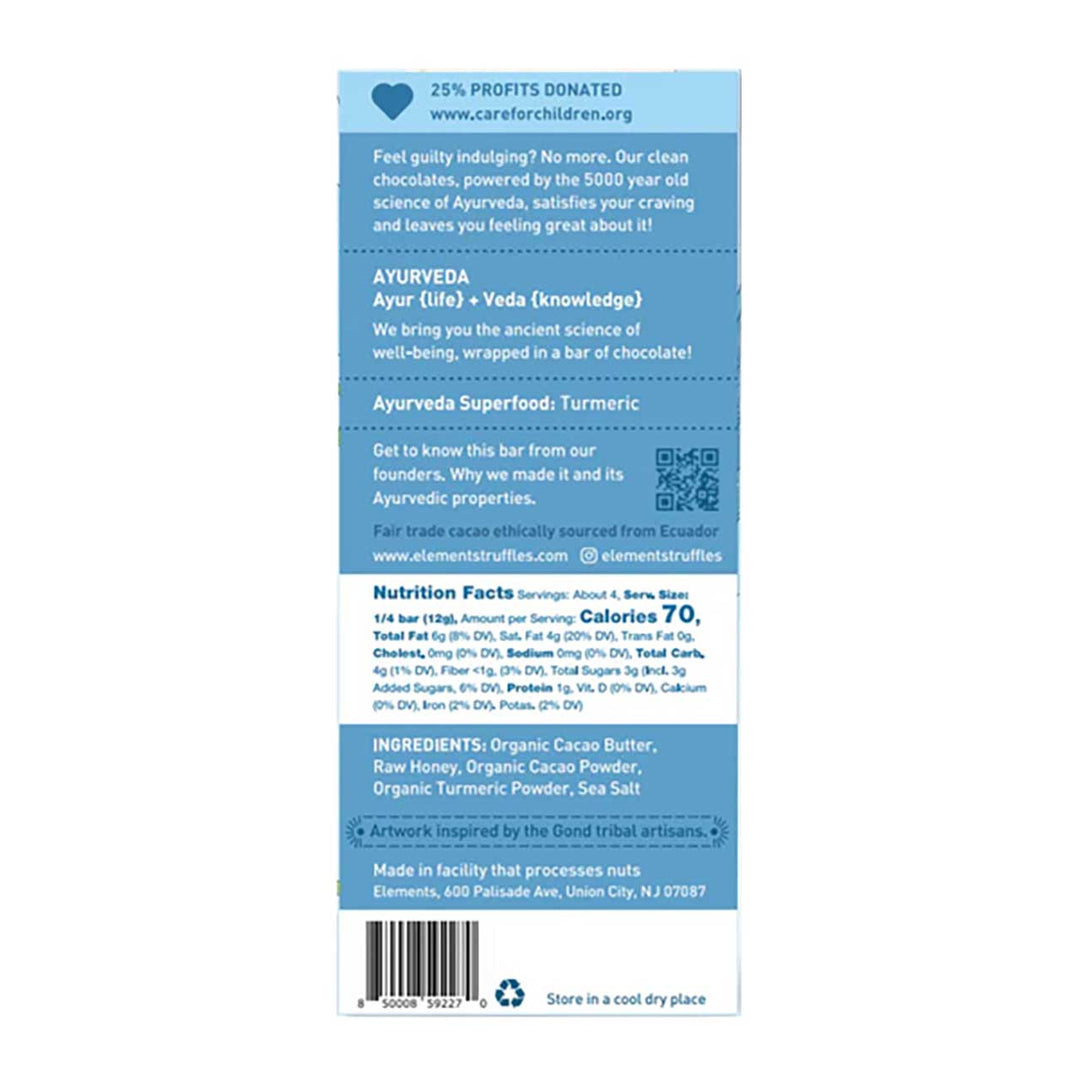 Back of a chocolate bar packaging with blue text and information on a white background