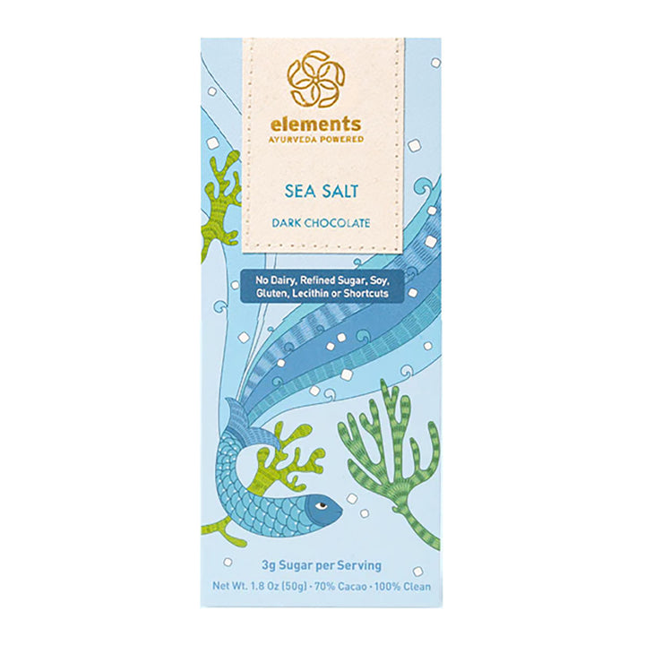 Sea Salt Dark Chocolate packaging with elements branding on a light blue background
