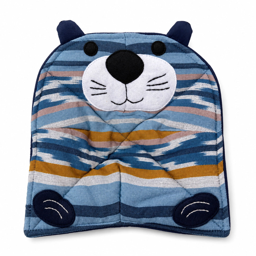 Bowl cozy with a striped pattern and otter face design on a white background