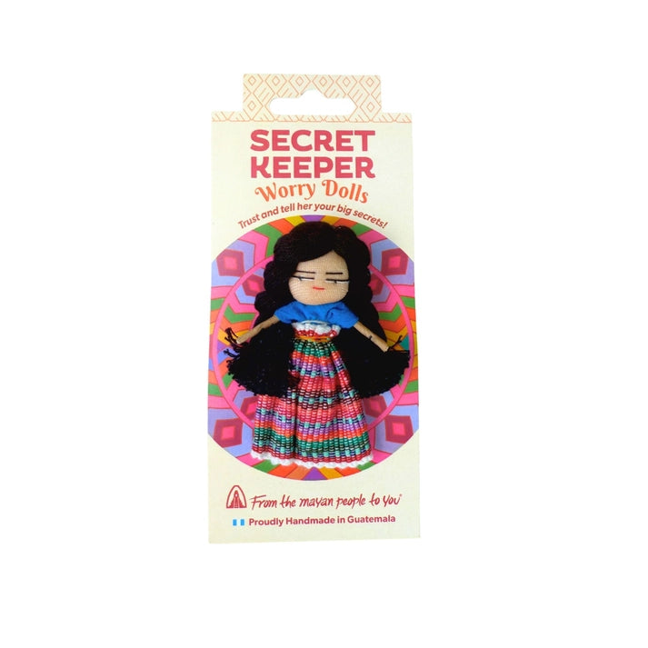 Worry doll packaging with text 'Secret Keeper Worry Dolls' on a white background