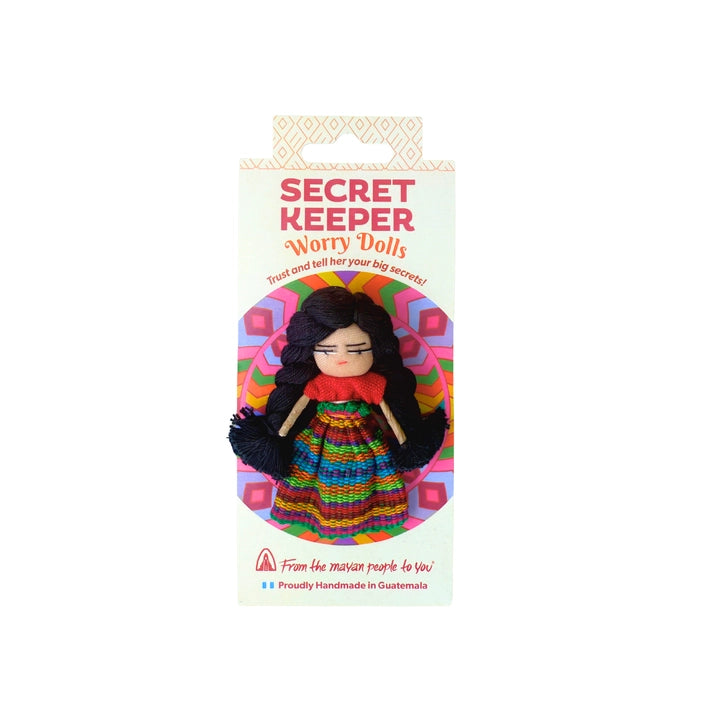 Worry doll packaging with text 'Secret Keeper Worry Dolls' on a white background