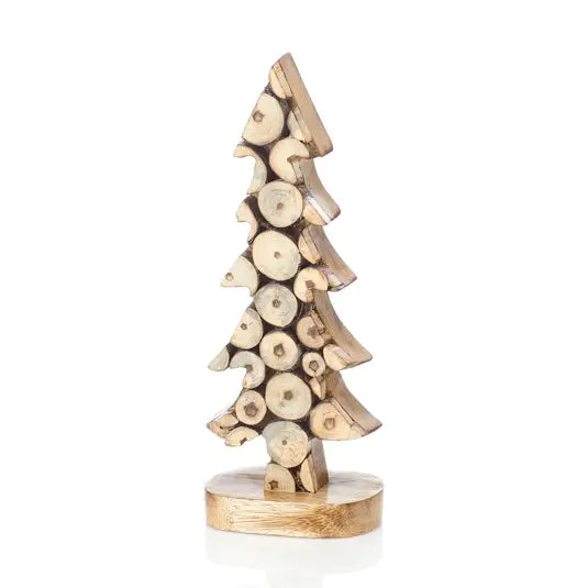 A decorative Christmas tree sculpture made from stacked natural wood log slices on a round wooden base, photographed against a plain white background.