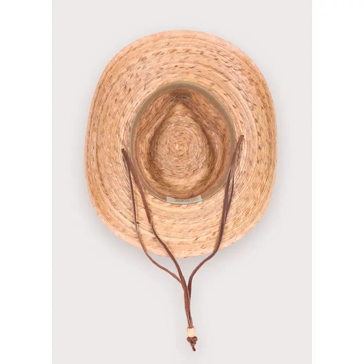 Woven straw hat with brown band on a light gray background