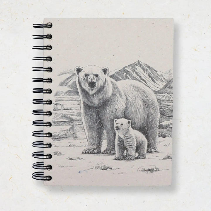 Mr. Ellie Pooh notebook with a drawing of a polar bear and cub on a mountainous background