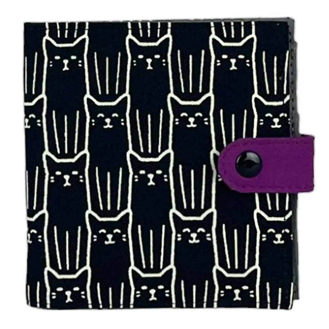 Wallet with white cat pattern on black background and purple accent
