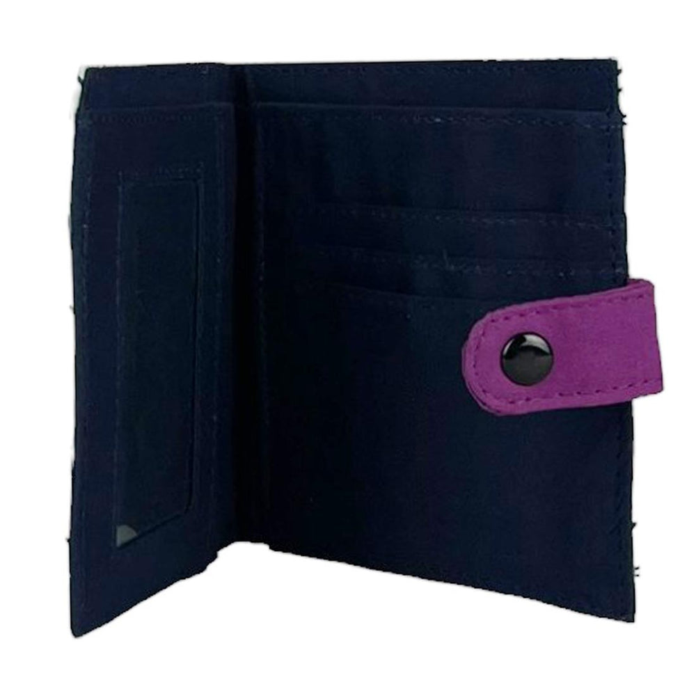Black wallet with a purple flap on a white background