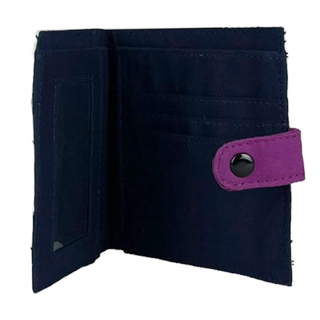 Black wallet with a purple flap on a white background