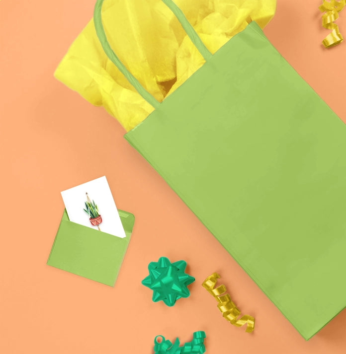 Green bag, green plant-shaped cookie cutter, and yellow plastic bag on a peach background