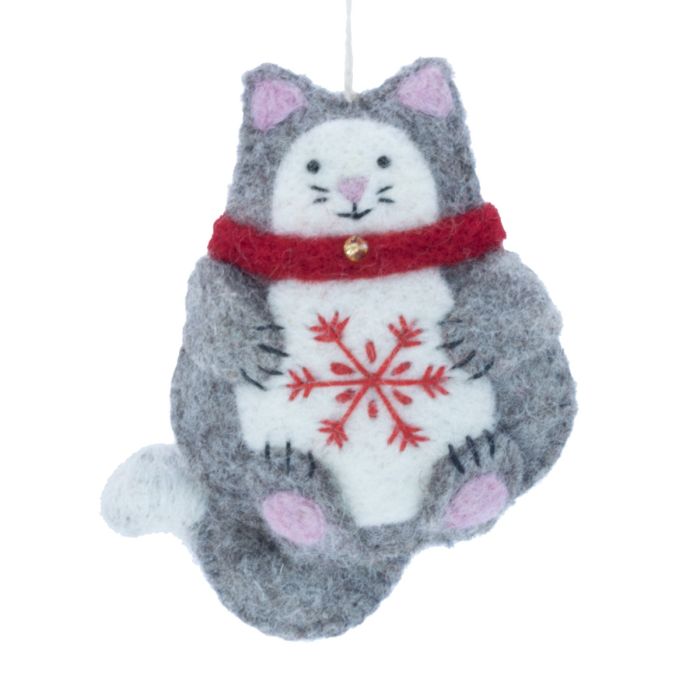 Cat-shaped ornament with a red snowflake design on a white background