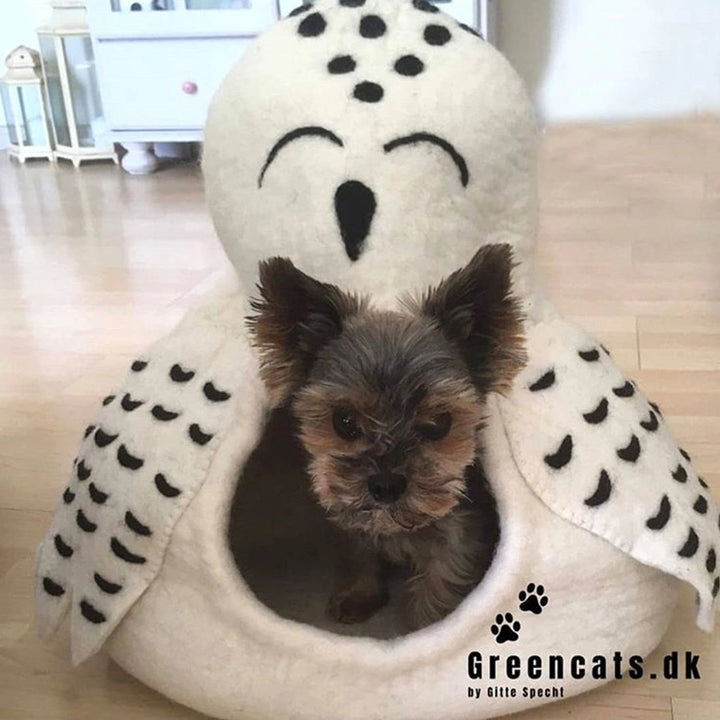 Small dog in a white owl-shaped pet bed with black accents, on a light wooden floor.